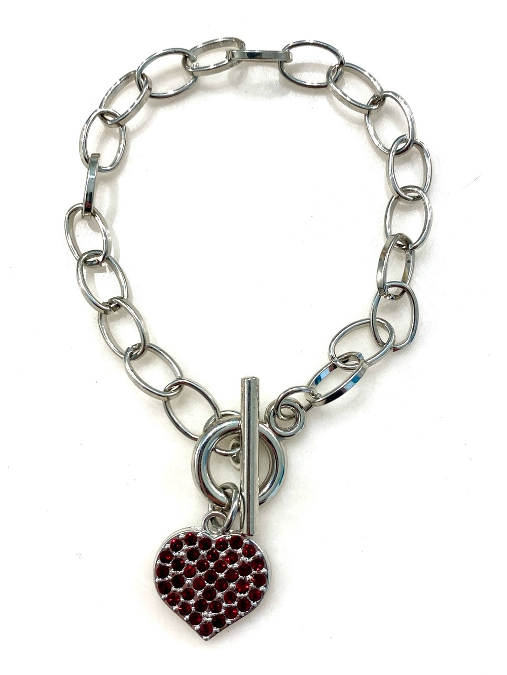 Silver Chain Bracelet with Red Crystal Heart Charm